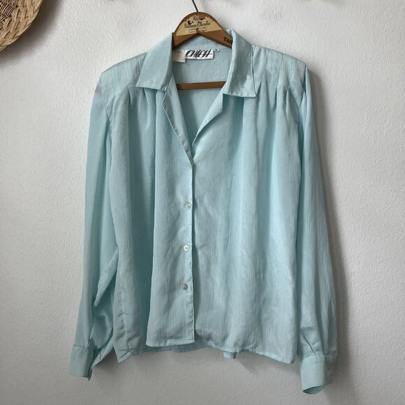 80s aqua crepey chiffon blouse pleat shoulders button‎ long sleeve secretary L - Picture 1 of 4